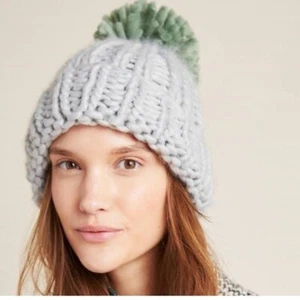 Anthropologie Sleeping on Snow Shea Chunky Knit Pom Pom Winter Hat Grey OS - Picture 1 of 8
