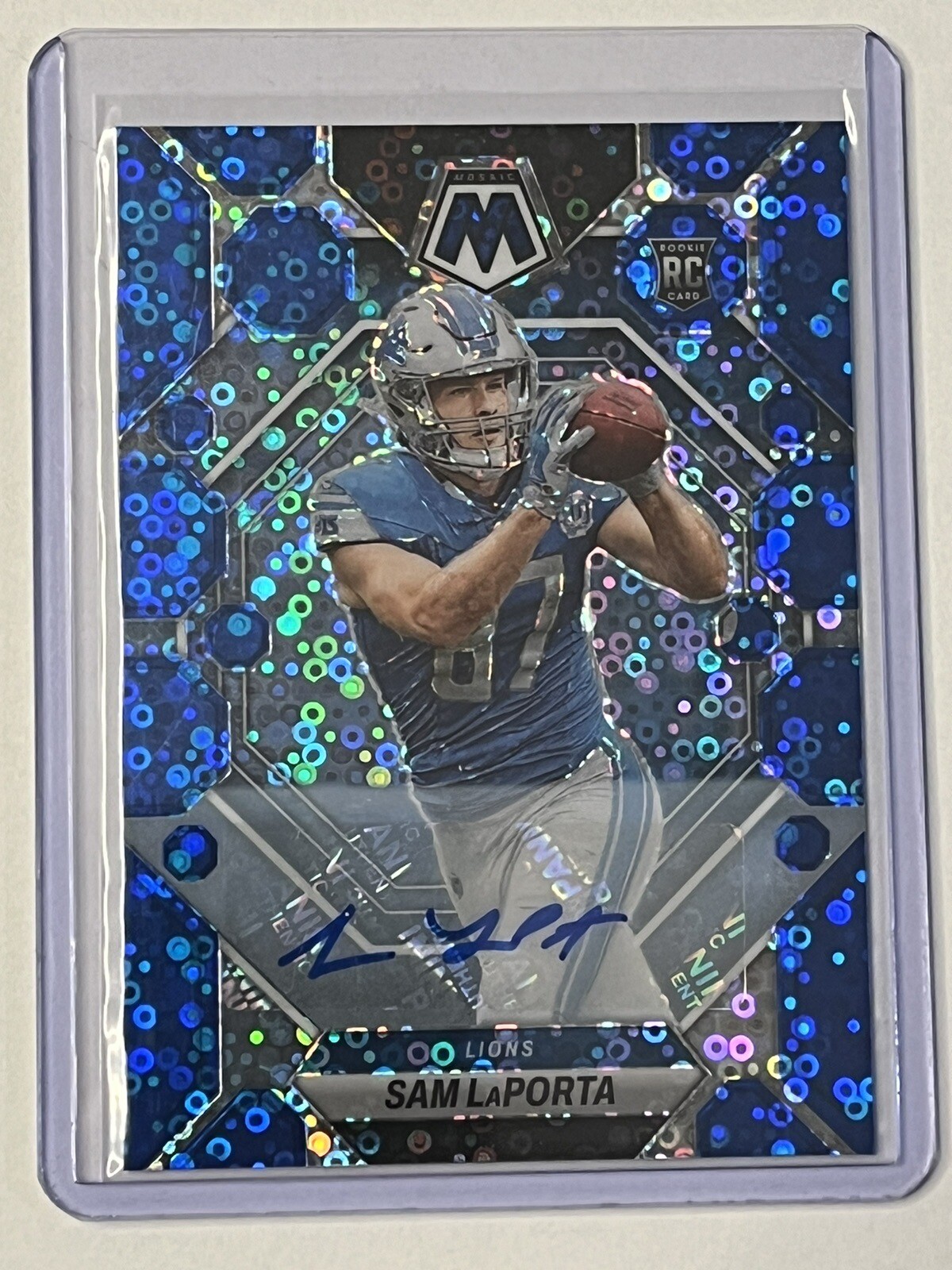 2023 Mosaic Sam LaPorta No Huddle Blue Disco Rookie Auto RC #360 Lions