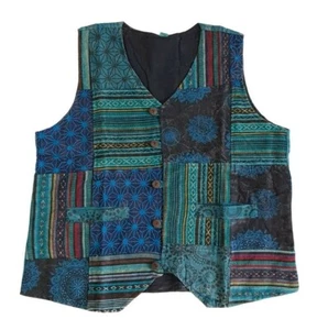 Mens Blue Vest Patch Hippie Boho Festival Washed Handmade Ethnic Colourful Fun - Picture 1 of 13