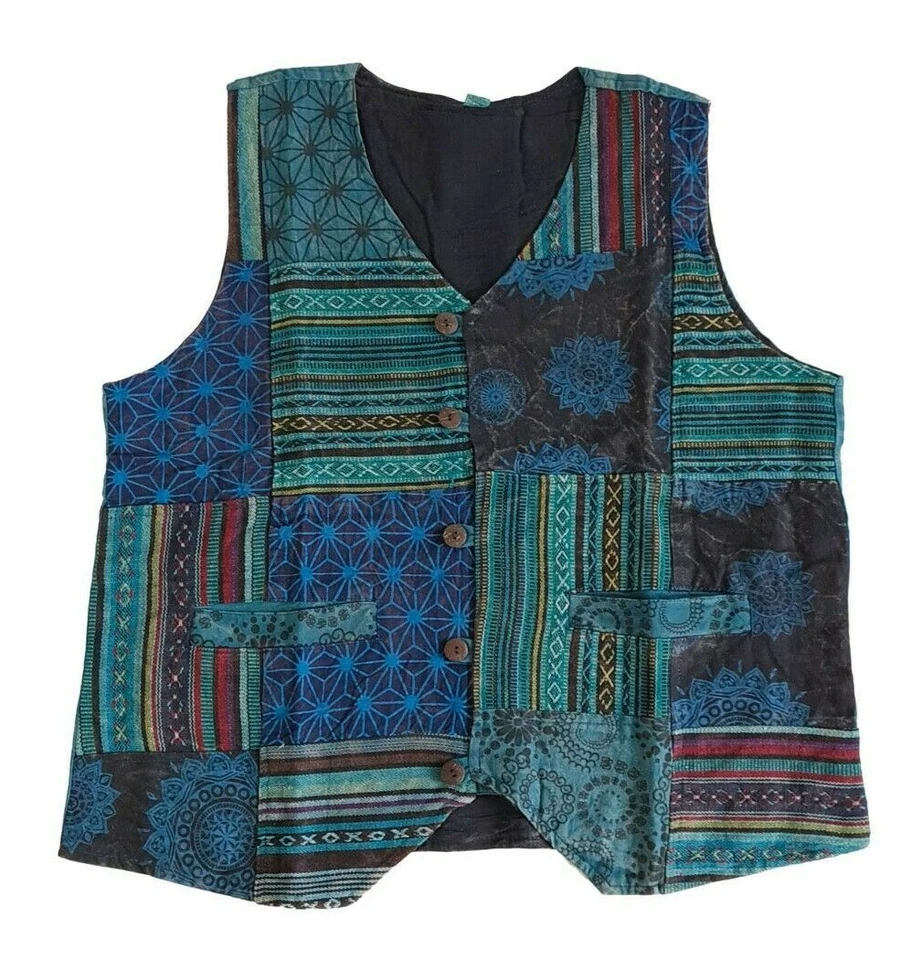 Mens Blue Vest Patch Hippie Boho Festival Washed Handmade Ethnic Colourful Fun - Image 1 of 1