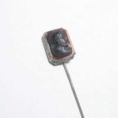 1900s Edwardian 14K White Gold Hand Carved Soldier Agate Stone Cameo Stick Pin - Image 1 of 4
