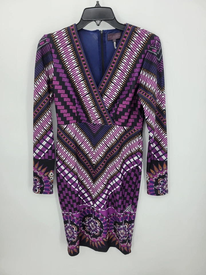 Vestido Hale Bob para mujer estampado morado mediano envolvente falso manga larga artístico elástico Foto 1 de 4