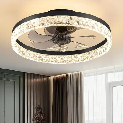 NEWSEE 15.8" Low Profile LED Ceiling Fan with Light Remote Flush Mount Black - Image 1 of 4