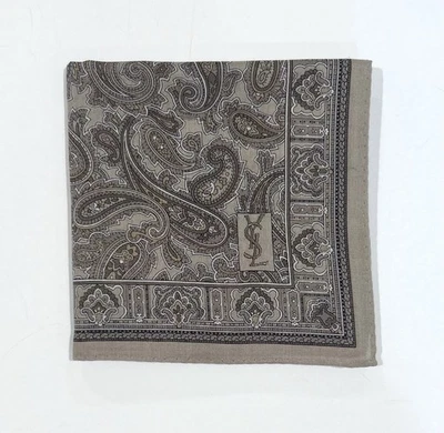 Pañuelo HOMBRE YSL Paisley Gris Marrón PATRÓN Algodón Bolsillo Cuadrado 18" Foto 1 de 4