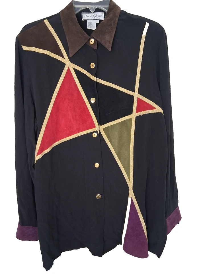 Blusa De Colección Diane Gilman Seda Gamuza Parches Puños Cuello Borde Dorado Talla Grande Foto 1 de 4