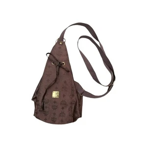 Vintage MCM ~ Brown Logo Nylon Drawstring Sling Backpack Bag ~ Hand Made - Picture 1 of 12