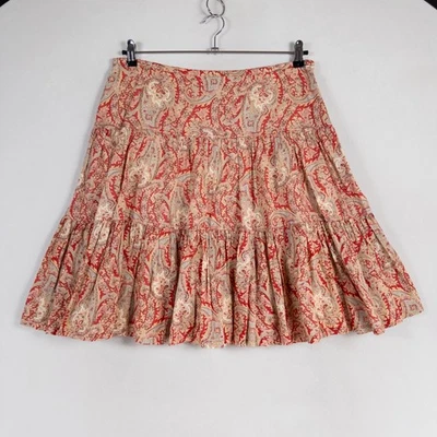 Chaps Denim Skirt Sz 12 Red Paisley Print Tiered Cotton Boho Classic Casual - Image 1 of 4