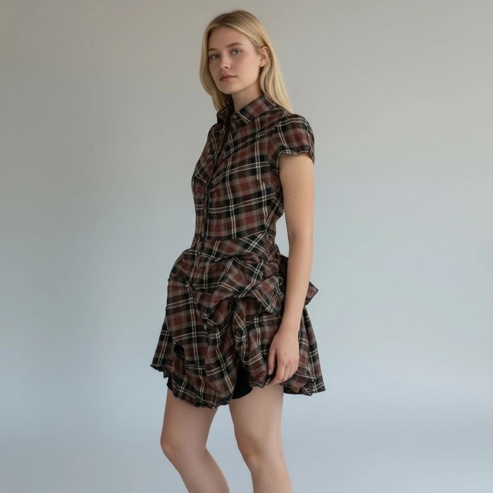 Mini Vestido BDG Max a Cuadros Falda con Volantes Botón Frontal Manga Corta Borgoña Talla S Foto 1 de 4