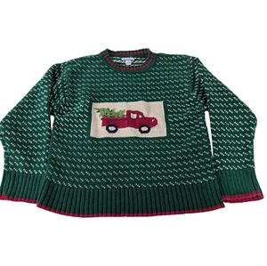 Hartstrings Birdseye Sweater Boys Size 7 Green Red Truck Evergreen Tree - Picture 1 of 9
