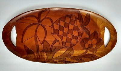 BANDEJA PARA SERVIR Tallada a Mano Rústica Ovalada Piña Flores Isla Decoración 17" X 8.5" Foto 1 de 4