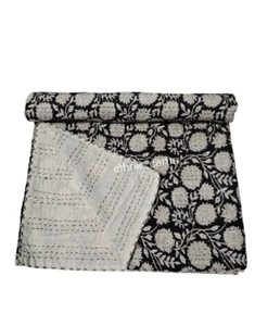 Indian Hand Block Floral Kantha Quilt Blanket Cotton Queen Size Bedspread Throw - Picture 1 of 11