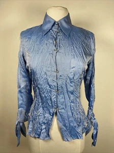 Roberto Cavalli Blue Iridescent Crinkle Silk Blouse Top W Rhinestones Size S - Picture 1 of 10