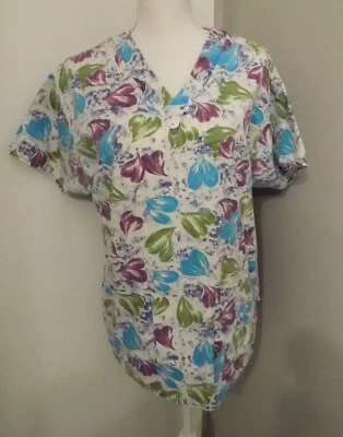 Women's Size Small Crest White Aqua Blue Purple Green Scrub Top Style 109 - Image 1 of 4
