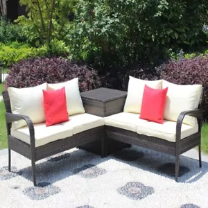 3 Pcs Patio Wicker Rattan Sofa Set Outdoor Garden Couch Chair w/ Storage Box - Picture 1 of 16