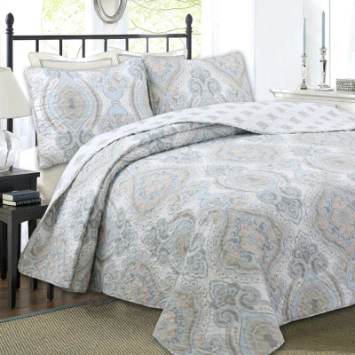 COZY LINE HOME FASHIONS Sky Blue Tan Gray Medallion Reversible Quilt Set, Bedspread, Coverlet