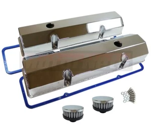 Chevy Small Block Chrome Tall Fabricated Aluminum Valve Covers+Breathers+Gasket - Picture 1 of 5