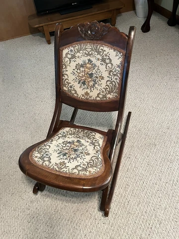 Antique Folding Victorian Style Wooden Rocking Chair w/ Floral Tapestry Cover