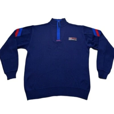 VTG 80s Obermeyer Men's Blue Red Retro Striped 1/4 Zip Sweater M Wool Ski - Image 1 of 4