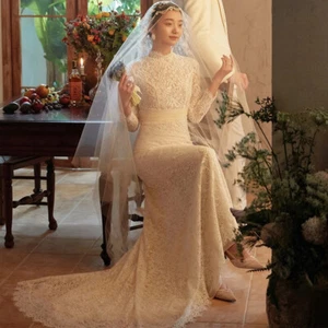 2024 Elegant Mermaid Long sleeve Wedding Dresses High Neck Lace Bridal Gown New - Picture 1 of 13
