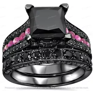 3Ct Princess Cut Lab-Created Black Diamond Bridal Ring Set 14K Black Gold Over - Picture 1 of 8