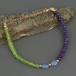 Mix Gemstone Natural Amethyst & Peridot Gemstone AAA Tanzanite Beaded Bracelet - Picture 1 of 5