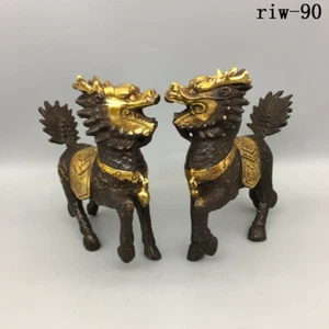 5.6" a pair  Exquisite  Chinese  antique  Copper gilding  Little Kirin  statue - Picture 1 of 9
