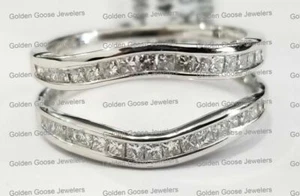 14k White Gold Princess Cut Diamonds Solitaire Enhancer Wedding Ring Guard Wrap - Picture 1 of 10