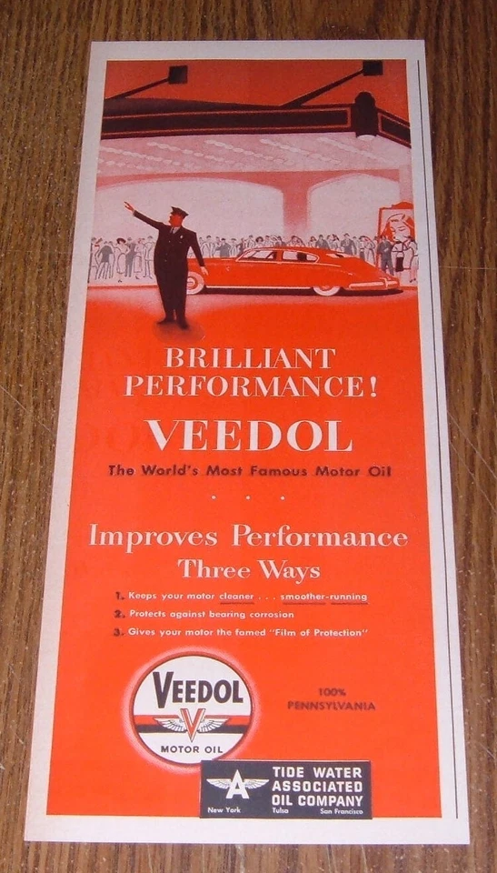Anuncio impreso 1949 ~ Veedol Motor Oil Parking Valet estreno de película Oscars alfombra roja Foto 1 de 1