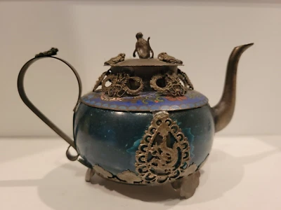 Tetera ceremonial china tibetana plateada verde jade ornamentada mono dragones rana Foto 1 de 4