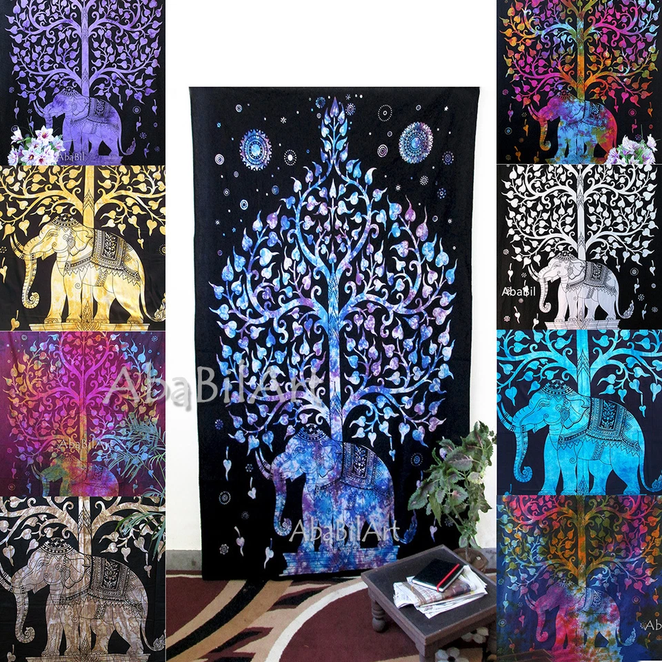 Hippie Twin Tree Elephant Tapestry Indian Wall Hanging Bedspread Dorm Boho Throw - Image 1 of 1