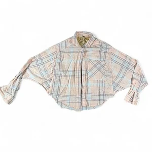 Free People Cutie Crop Plaid Orange Peach Pastel Batwing Shirt Size Small - Picture 1 of 5
