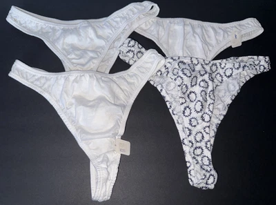 NEW Lot 4 Pairs Cotton Thong Style Panties White & Black Floral Print 7 8 90's - Image 1 of 4