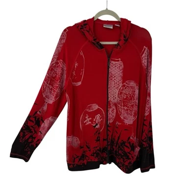 Chicos 3 Asian Print Hooded Jacket XL Red Black Slinky knit Art to Wear 90s Vtg - Image 1 of 4