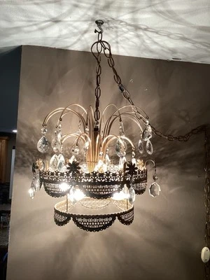 Vintage Hollywood Regency Crystal Prisms 5 Light Waterfall Chandelier Swag Lamp - Image 1 of 4