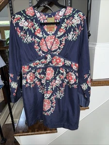 Johnny Was Damen Seidentop Gr. L geblümt 3/4 Arm Empire Taille blau - Bild 1 von 3