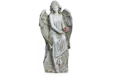 Roman 17.75” Angel With Flowers Resin Outdoor Garden Statue Gray New Open Box - Image 1 of 4
