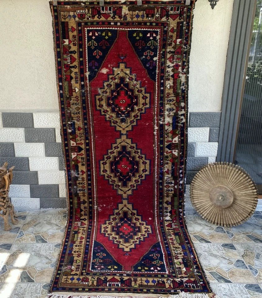 Vintage Turkish Tribal Rug | 3 x 9 ft Farmhouse Hand-Knotted Wool Geometric Rug - Image 1 of 4