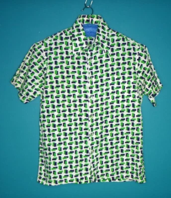 Camisa Seersucker de Algodão Condessa Mara Antiga Anos 60 Branca com Verde Azul Geométrica Tamanho G - Imagem 1 de 4