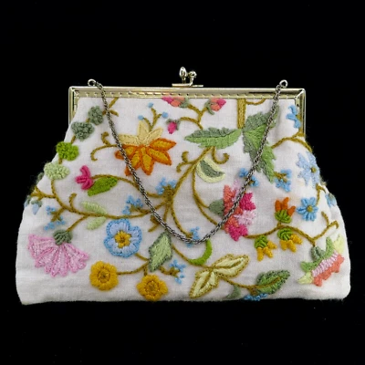 BOLSO DE MANO VINTAGE AÑOS 60 CREWEL BORDADO JACOBEO FLORAL BOLSO ENVÍO GRATUITO Foto 1 de 4