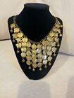 Vintage 1970 Bib Necklace Scaled Coins Boho Gold-Tone Women's Jewelry