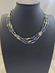 Liz Claiborne Multistrand Necklace Silvertone Blue & Silver Beaded Collar - Picture 1 of 7