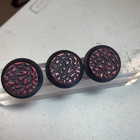 3 Old Red Black Celluloid Shank MOP Textured Buttons Coat 34mm Cover