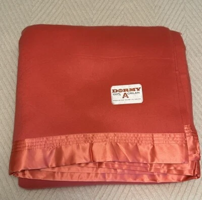 Vintage DORMY Blanket Acrilan Pink Salmon 72" x 98" Silky Satin Trim NEW NOS - Image 1 of 4