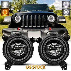 2018-25 For Jeep Wrangler JL Pair Halo LED Round Headlights Bracket Combo Kit H4 - Picture 1 of 15