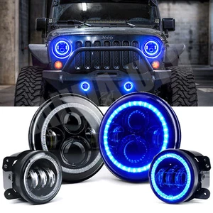 Blue Halo 7inch LED Headlights & 4" Fog Lights Combo For 07-17 Jeep Wrangler JK - Picture 1 of 13