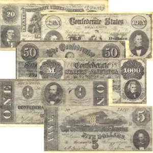 Confederate States Civil War Era Currency - Banknotes - Set C - Picture 1 of 8