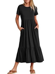 Women Summer Casual Short Sleeve Crewneck Aline Swing Flowy Tiered Shirt Maxi... - Picture 1 of 9