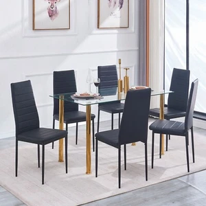 51" Clear Glass Golden Legs Dining Table & 6pcs Black Faux Leather Dining Chair - Picture 1 of 10