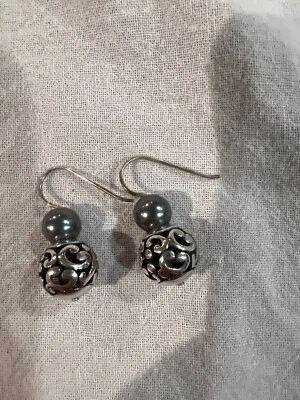 Brighton Alcazar grey Pearl Drop Heart Crystal Hook Silver Plate Earrings - Image 1 of 4