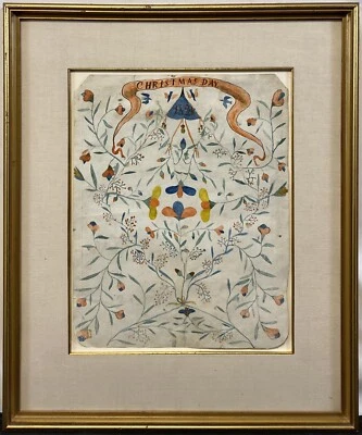 Rare Antique 19th C. 1821 American Christmas Day Watercolor Fraktur Drawing AAFA - Image 1 of 4